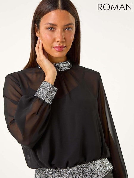Metallivärit - Roman Korkea kaulus Chiffon Paljetti Stretch- Top (AM9814) | €63