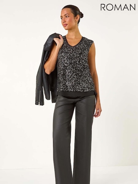Roman Black Sequin V-Neck Tunic Stretch Top (AM9816) | 223 QAR