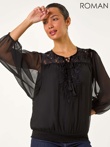 Roman Black Embroidered Lace Shirred Hem Top (AM9821) | €44