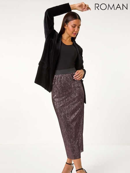 Roman Pink Foil Plisse Pleated Pencil Skirt (AM9824) | 188 QAR
