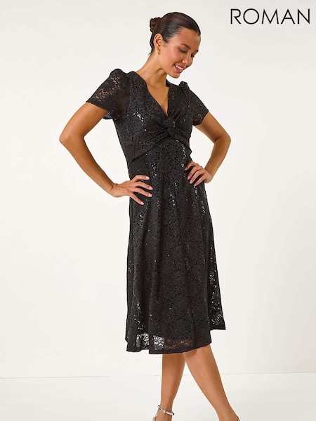 Черный - Roman Sequin Lace Twist Front Midi Dress (AM9832) | €80