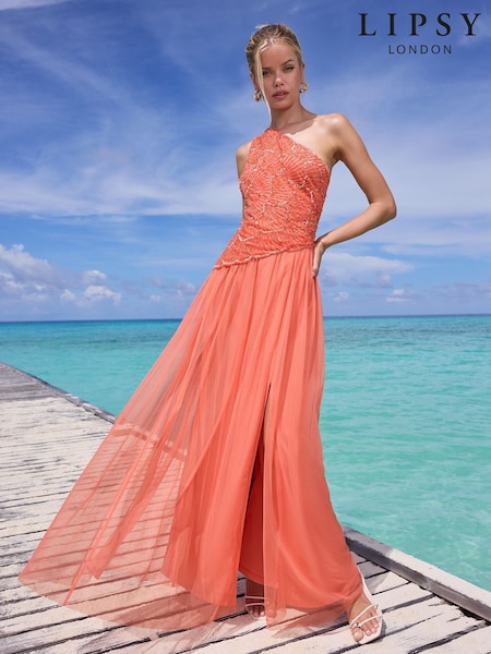 Lipsy Coral Pink Premium Embellished Textured One Shoulder Chiffon Maxi Dress (AM9838) | €181.50