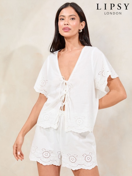 Lipsy White Woven Broderie Pyjamas Shorts Set (AM9842) | €66
