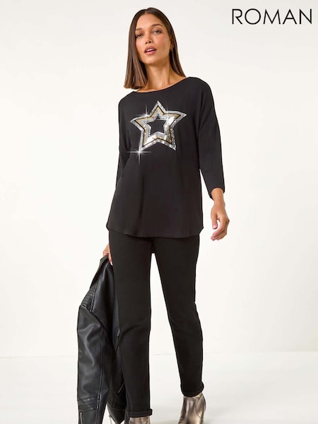 Roman Metallic Embelished Sequin Star Stretch Top (AM9949) | $75