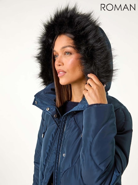 Roman Blue Quilted Faux Fur Hooded Coat (AM9963) | 4,506 UAH