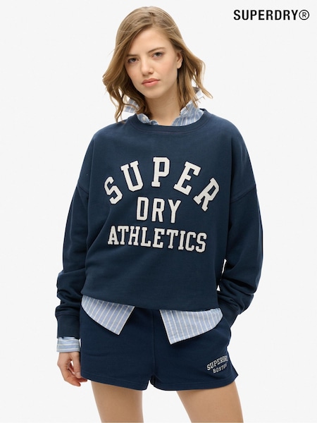 Superdry Blue Ath Ess Relaxed Appliqué Crew 100% Cotton SweatShirts (AN1010) | $87