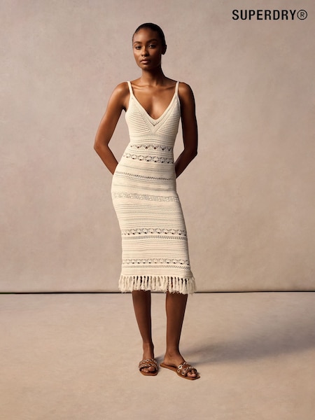 Superdry White 100% Cotton Crochet Tassel Midi Dress (AN1053) | €106