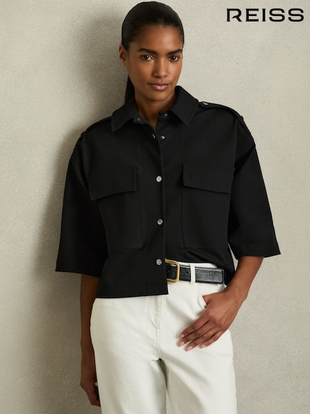Reiss Black Myrtle Cropped Twill Shirt Jacket (AN1104) | €352