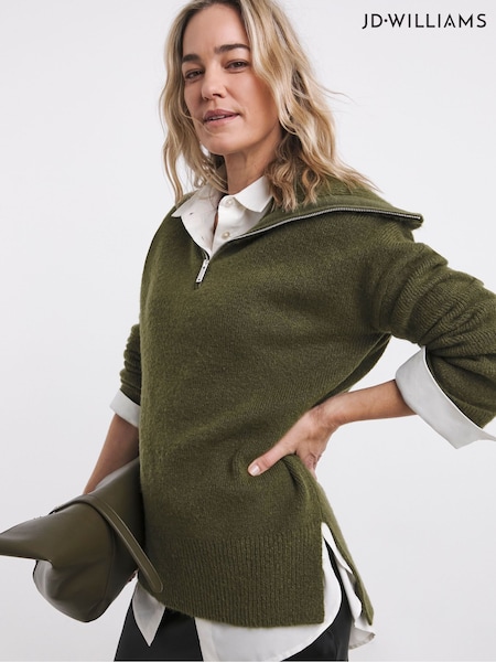 JD Williams Olive Green Zip Detail Stepped Hem Knitted Tunic (AN1112) | €54