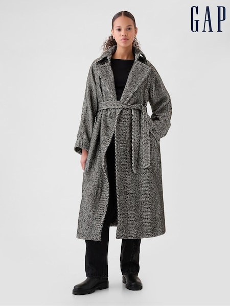Gap Black Double-Breasted Herringbone Belted Trench Coat (AN1162) | €121