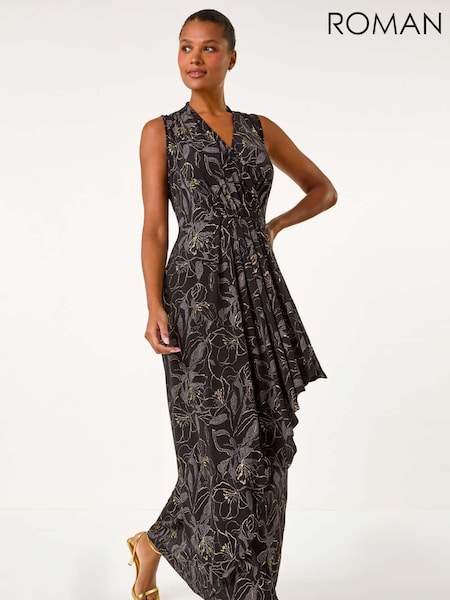 Roman Black Glitter Floral Print Maxi Stretch Dress (AN1203) | €134