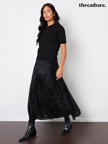 Threadbare Embellished Black Glitter Maxi Velvet Slip Skirt (AN1348) | €37