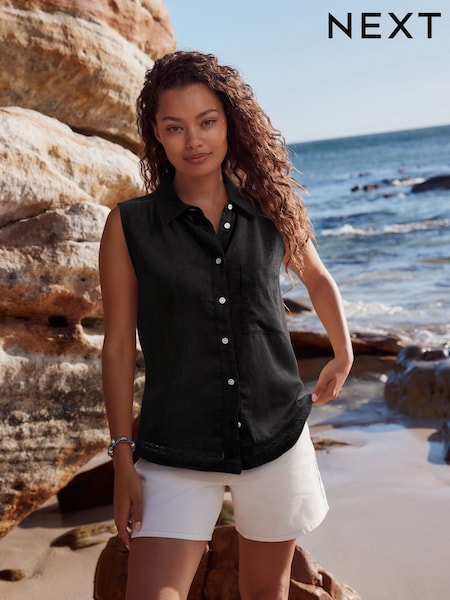 Black Sleeveless Shirt With Linen (AN1404) | 936 UAH
