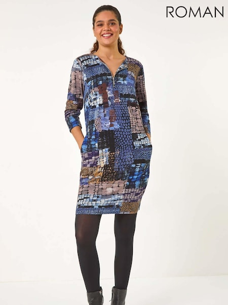 Roman Blue Pebble Spot Zip Detail Midi Dress (AN1426) | R$ 545