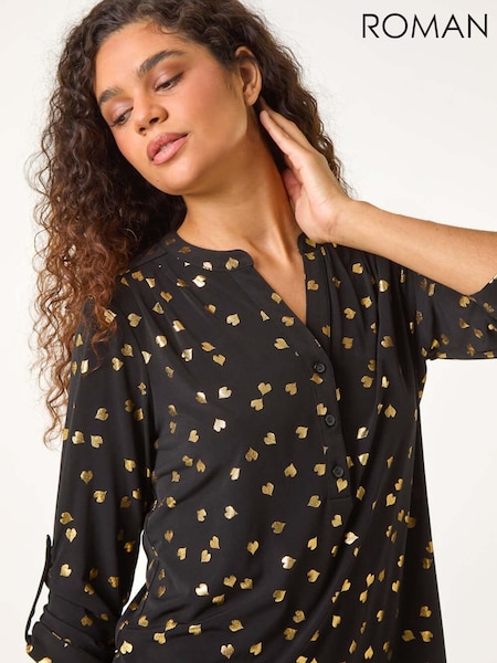 Roman Metallic Foil Heart Placket Stretch Top (AN1431) | €51
