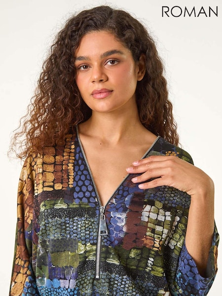 Roman Green Abstract Print Front Zip Stretch Top (AN1433) | 235 QAR