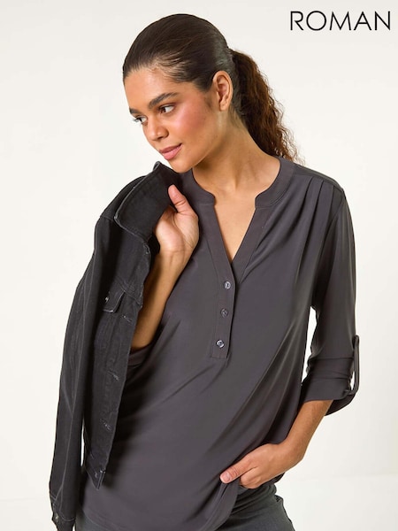 Roman Grey V-Neck Button Detail Stretch Shirt (AN1434) | €40
