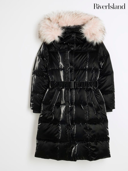 River Island Black Girls Hooded Faux Fur Puffer Coat (AN1456) | AED160