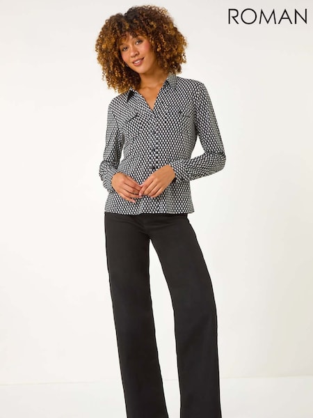 Roman Black Textured Geo Print Stretch Shirt (AN1468) | $86