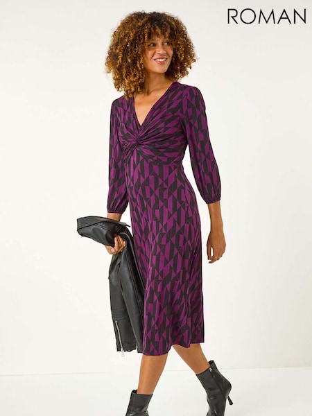 Roman Purple Geometric Print Twist Front Midi Dress (AN1472) | €59