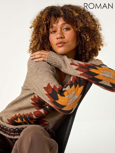 Roman Brown Hooded Chevron Detail Knit Jumper (AN1475) | $90