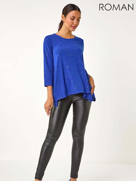 Roman Blue Glitter Rose Asymmetric Hem Top (AN1534) | €48