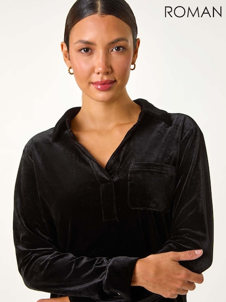 Roman Black Collared Velvet Stretch Shirt (AN1547) | 188 QAR