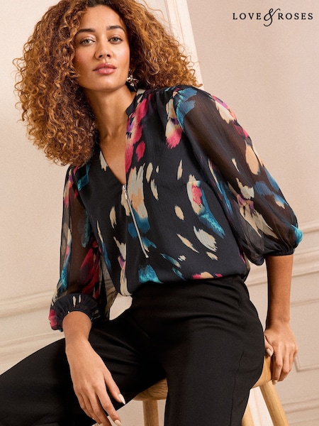 Love & Roses Black Abstract Petite Zip Front Mix Sheer Long Sleeve Length Blouse (AN1687) | 188 QAR