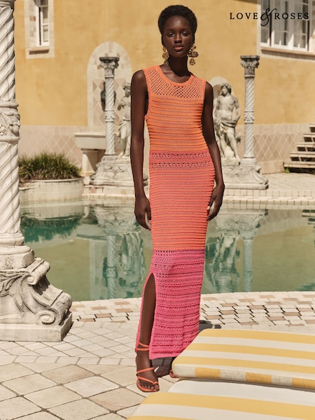 Portocaliu - Love & Roses Mânecă scurtă Knitted Midi Rochie (AN1701) | 439 LEI