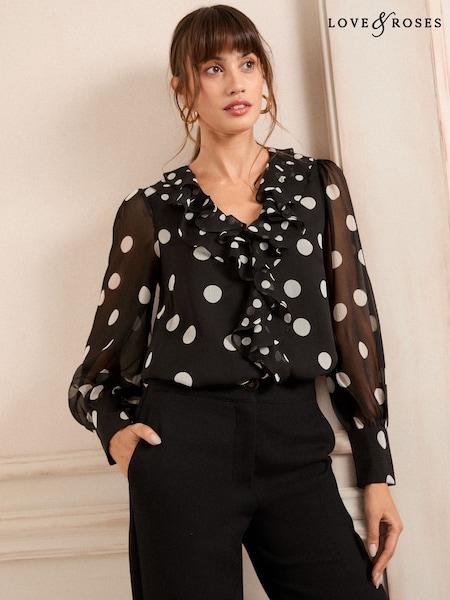 Love & Roses Ruffle Detail V-Neck Long Sleeve Blouse (AN1703) | 203 LEI