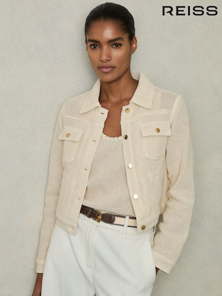 Reiss Neutral Renzo Cotton-Blend Textured Trucker Jacket (AN1743) | €392