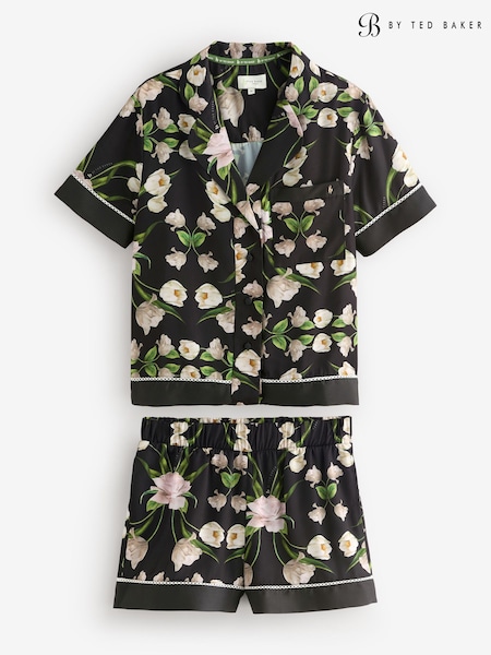 B by Ted Baker Satin Elderflower Button Through Black Short Pyjamas Set (AN1814) | R$ 485