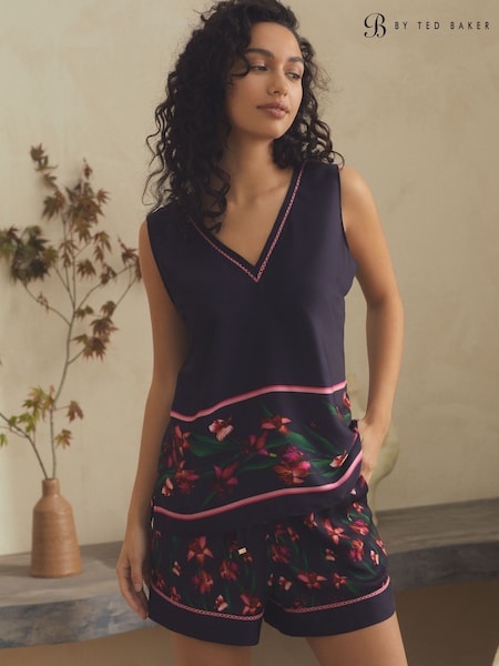 B by Ted Baker Navy Floral Print Satin V-Neck Cami Short Pyjamas Set (AN1815) | ‏248 ر.ق.