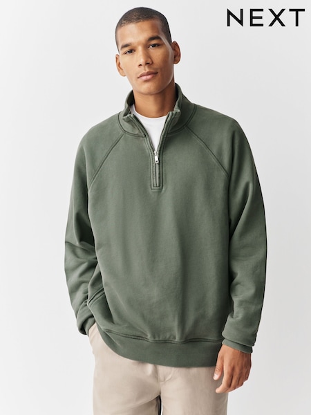 Sage Green Quarter Zip Heavyweight Garment Washed Sweatshirt (AN1848) | €50