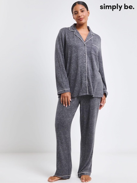 Simply Be Grey Pretty Secrets Brushed Ribbed Button Through Pyjama Set (AN2115) | AED96