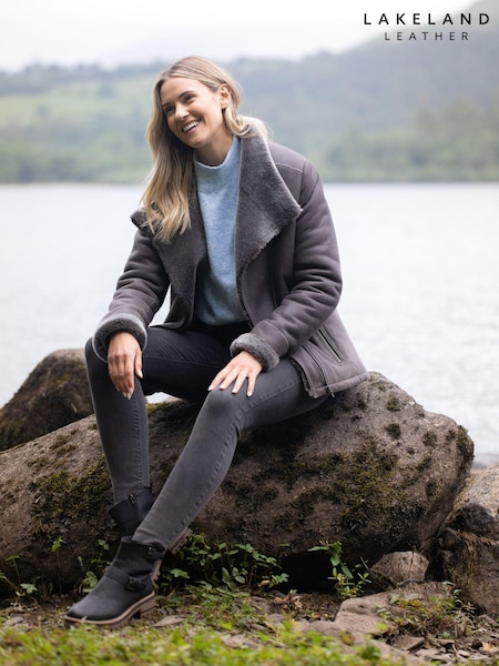 Lakeland Leather Grey Armboth Shearling Asymmetric Zip Aviator Jacket (AN2166) | €706