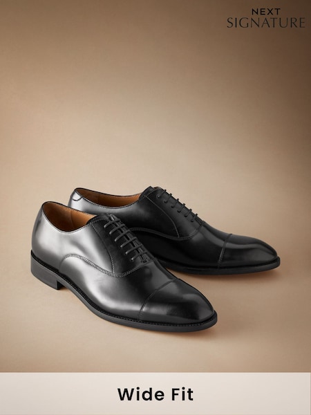 Black Wide Fit Signature Leather Sole Oxford Toe Cap Shoes (AN2177) | AZN 218