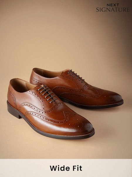 Tan Brown Wide Fit Signature Italian Leather Wingcap Brogue Shoes (AN2180) | €113