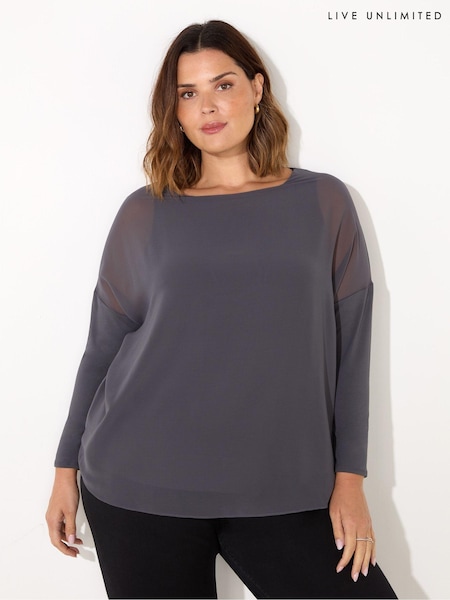 Live Unlimited Grey Curve Overlay Chiffon Top with Jersey Sleeves (AN2190) | €31