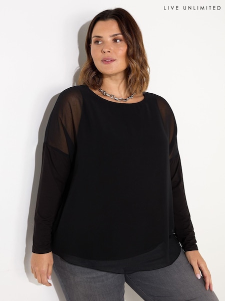 Live Unlimited Black Curve Overlay Chiffon Top with Jersey Sleeves (AN2194) | €37