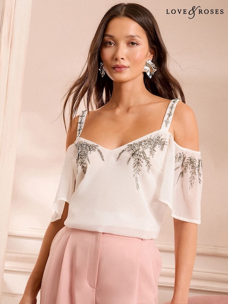 Love & Roses White Ecru Cold Shoulder Embellished Top (AN2249) | R$ 415