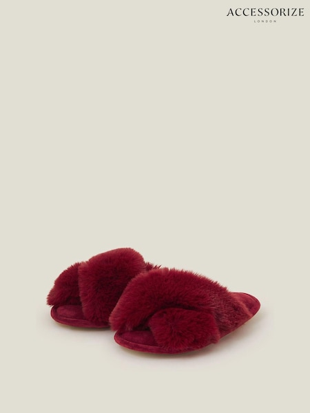Accessorize Red Cross Strap Faux Fur Slide Slippers (AN2310) | €13