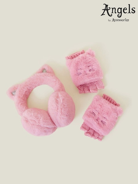 Angels By Accessorize Pink Girls Cat Faux Fur Earmuffs and Gloves Set (AN2314) | €28