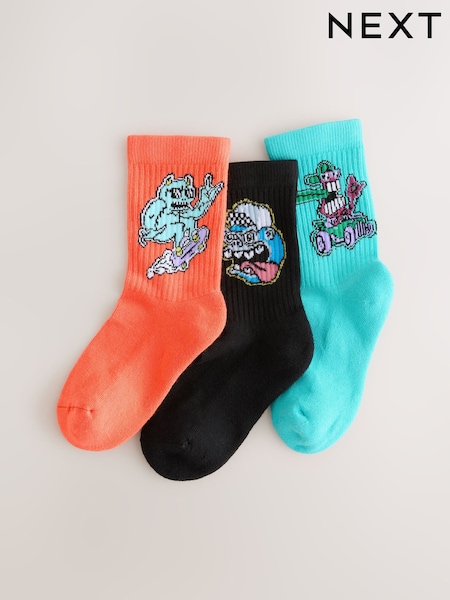 Diseño de monstruo en negro/naranja/verde azulado - Cushioned Footbed Rich Ribbed Tipped Socks 3 Pack (AN2369) | 7 € - 11 €