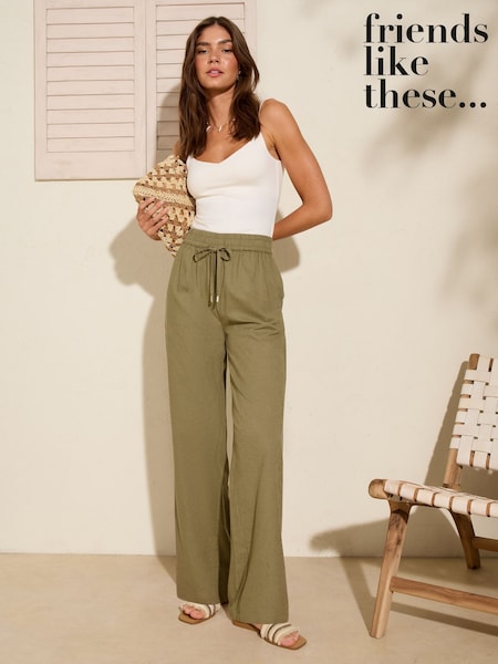Friends Like These Khaki Green Wide Leg Linen Blend Trousers (AN2383) | $49