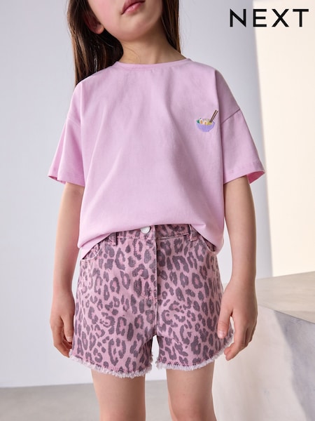 Pink Animal Regular Length Frayed Edge Denim Shorts (3-16yrs) (AN2386) | R$ 110 - R$ 155