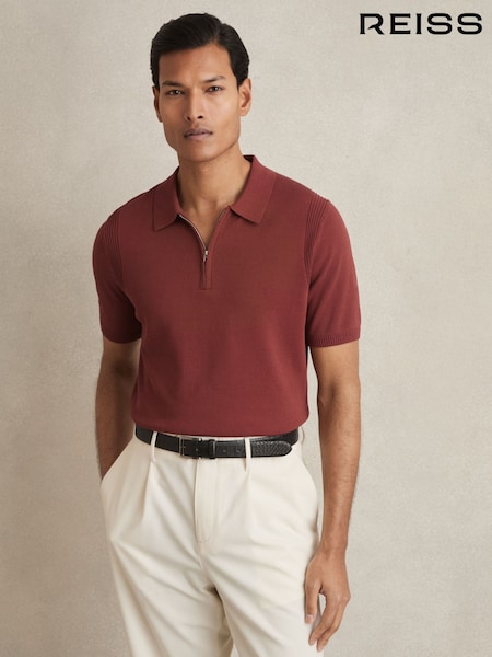 Reiss Rust Berkley Cotton Half-Zip Knitted Polo Shirt (AN2393) | €129