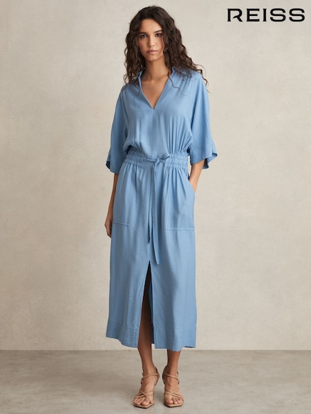 Reiss Blue Cecilia Shirred-Waist Midi Shirt Dress (AN2395) | €195