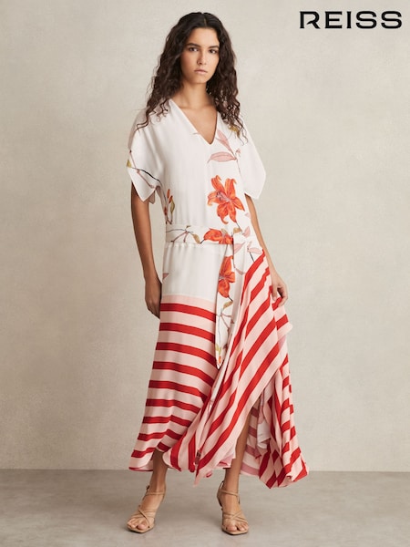 Reiss Ivory/Red Alicia Floral Stripe-Print Maxi Dress (AN2400) | AED1,728