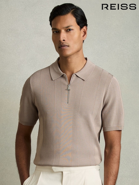 بني فاتح - Reiss Bart Half-Zip Textured-Knit Polo Shirt (AN2404) | ‏792 د.إ.‏
